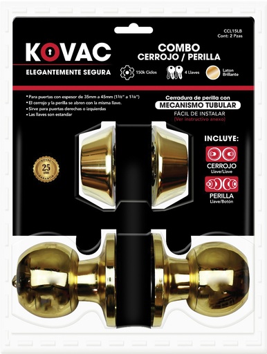 [VKC - 0003] CERRADURA COMBO PERILLA/CERROJO LB CCL15LB L/L BLIST.KOVAC